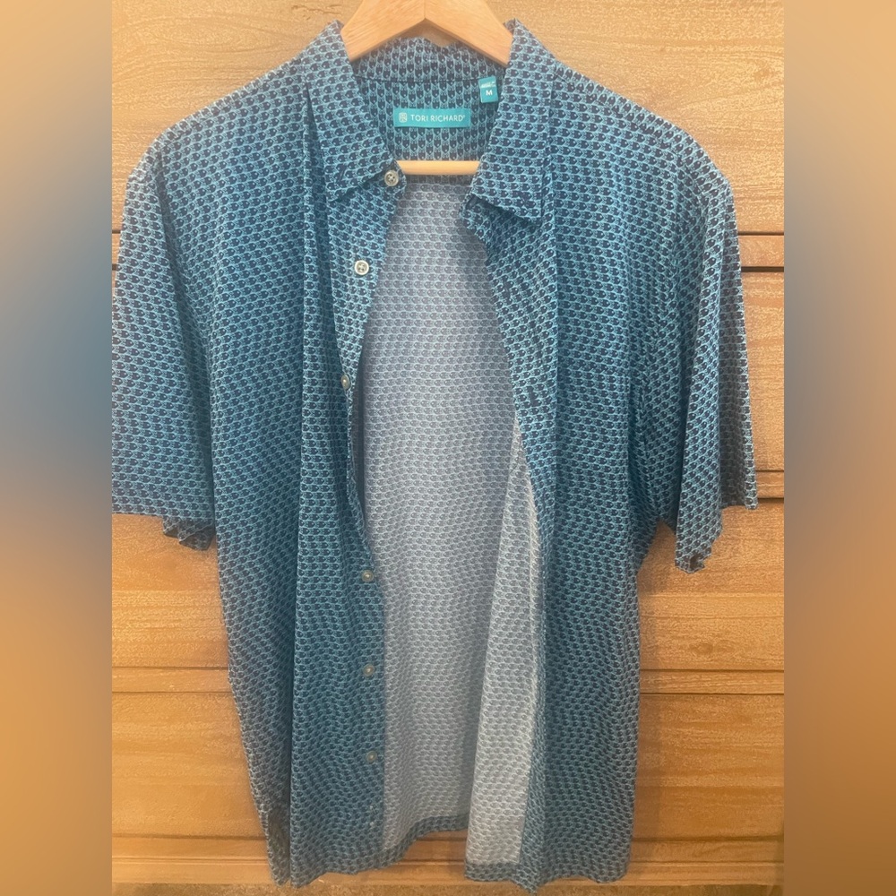 TORI RICHARD Short Sleeve Button-Up Shirt Blue Medium